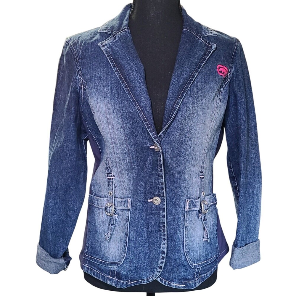 Ecko Red Y2K Blue Denim Jean Jacket Collared Distressed Women's Size Small